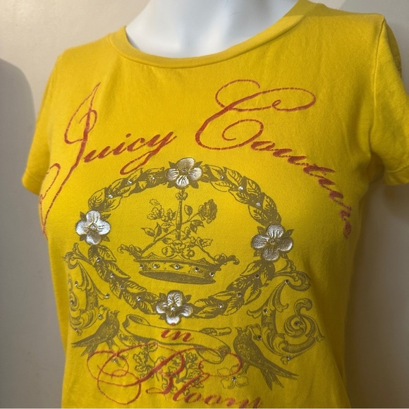 Juicy Couture Y2K Yellow Graphic Rhinestoned Mcbling Tee - Picture 3 of 6